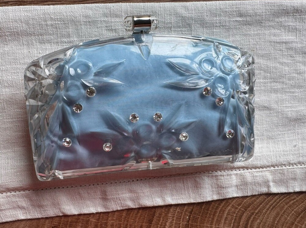 Vintage 1950s Clear Plastic Lucite Clutch Handbag Purse Berry & Rhinestones